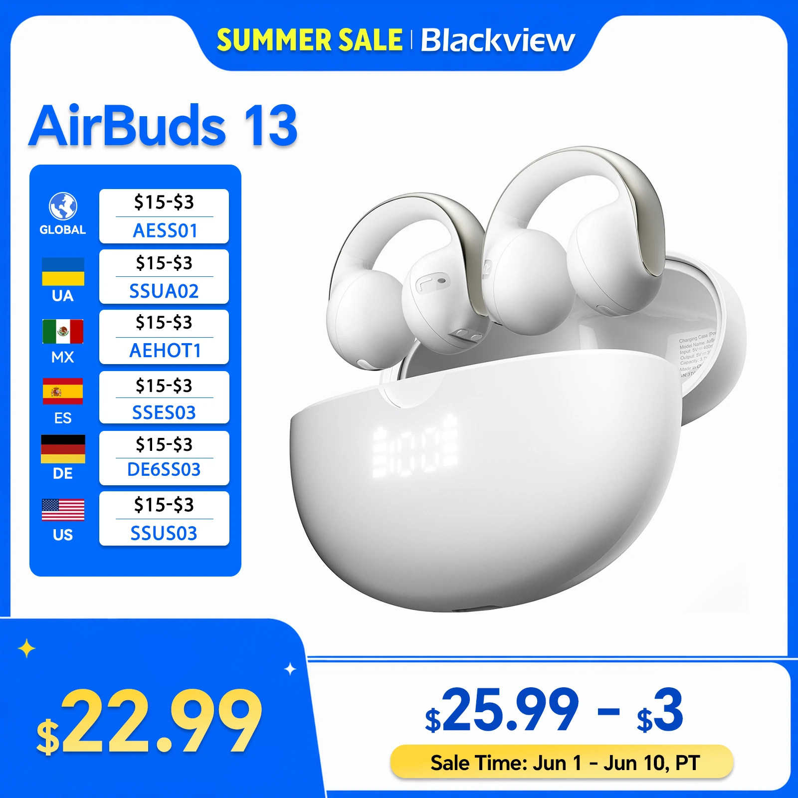 Blackview AirBuds 13 OWS Ear Clip Headset with LED Display IPX7 Waterproof 400mAh Bluetooth 5.4 Sports Earphones with Mic
