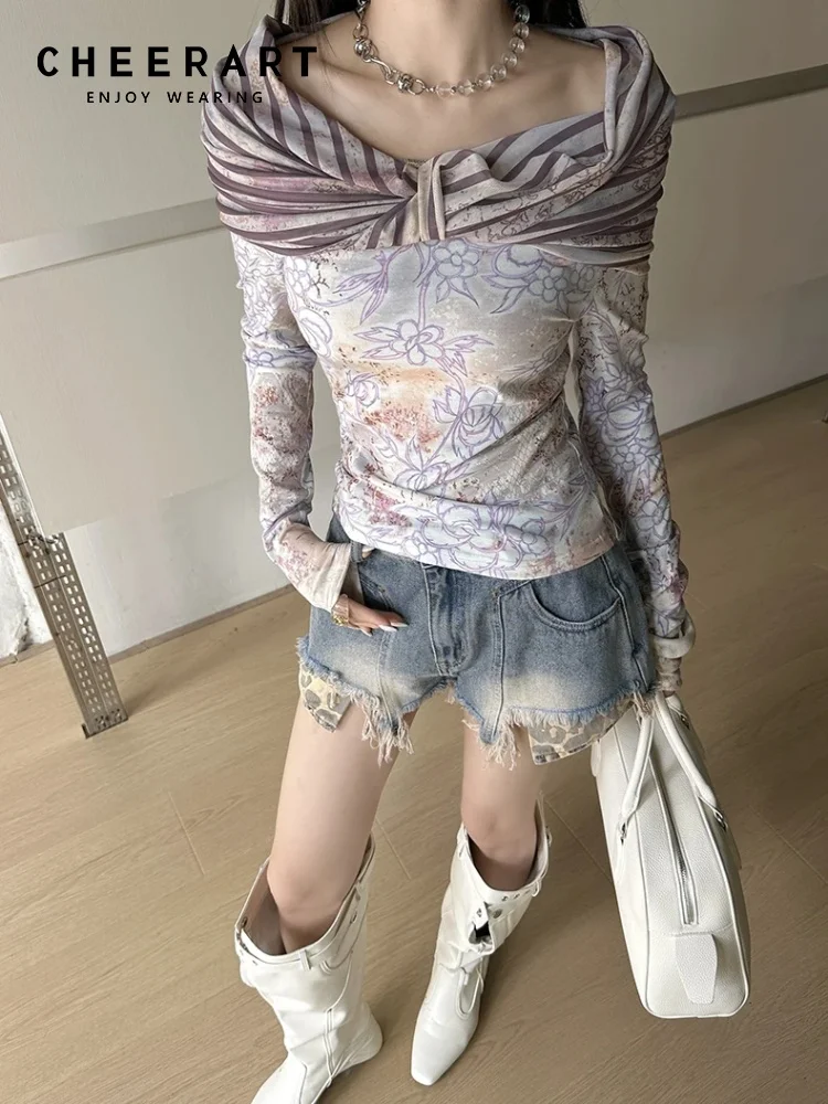 

CHEERART Designer Lilac Floral Print Long Sleeve T Shirt Women Spring Summer Tops For Woman Tees Patchwork Tshirt Fashion 2025