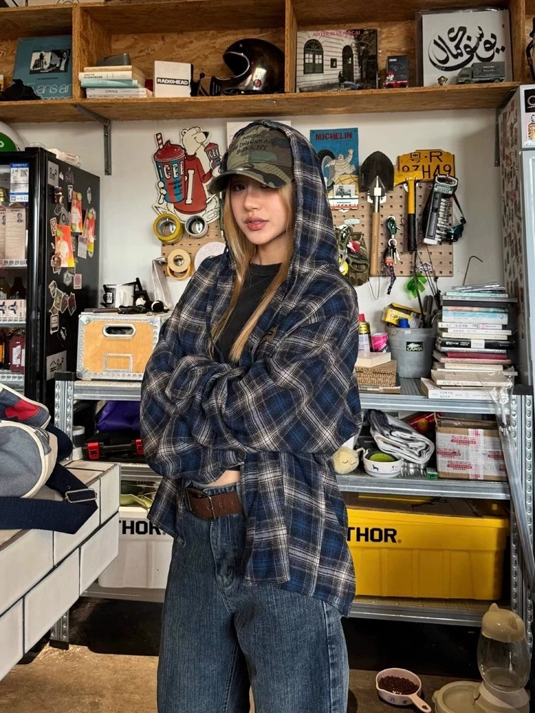 Vintage Plaid Shirts Women Harajuku Long Sleeve American Style Drawstring Hooded Blouses Loose Casual Streetwear Spring