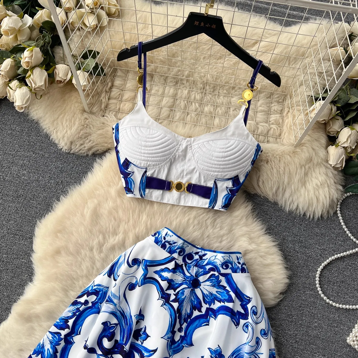 Summer Y2k Sexy Red Blue And White Porcelain Two Piece Set Women\'s Golden Buttons Bra Cup Sling Tube Tops + Maxi Long Skirt Suit