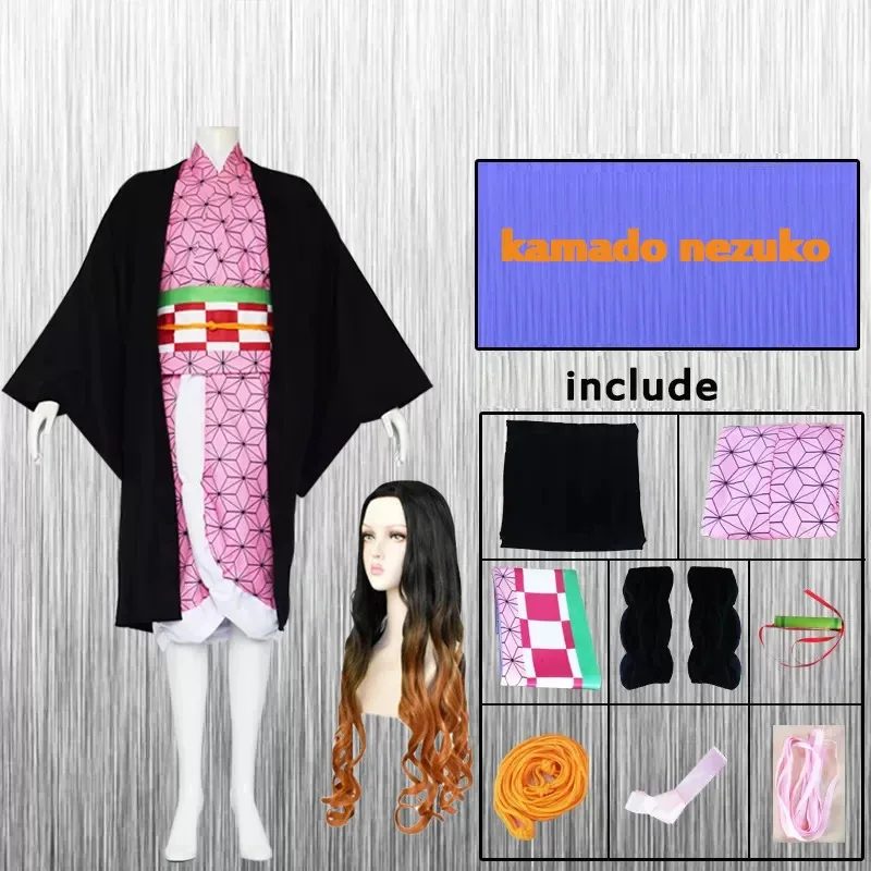 Kamado Nezuko Cosplay Costume for Women Demon Slayer Anime Outfit Uniform Accessories Set for Comic Con Party Kimetsu No Yaiba
