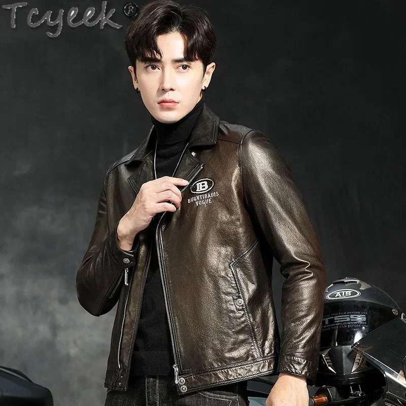 Tcyeek Oil Wax Real Leather Jacket Men Streetwear Sheepskin Coats Spring Autumn Clothes Men's Motocycle Jackets Jaqueta Couro