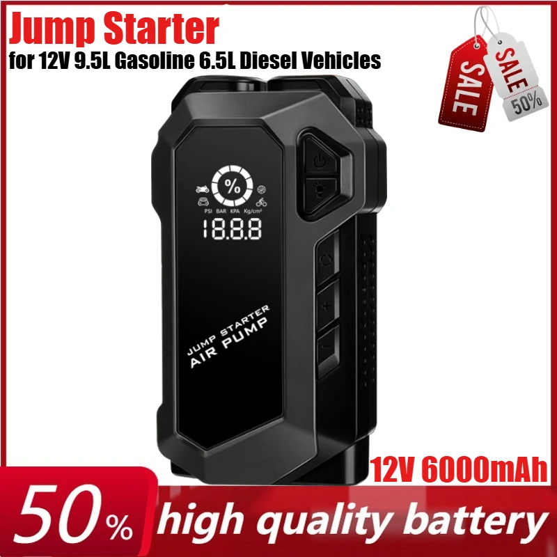 

12V 6000mAh Car Jump Starter with Air Compressor Inflatable Pump Power Bank for 12V 9.5L Fuel Vehicle 6.5L Diesel Vehicles