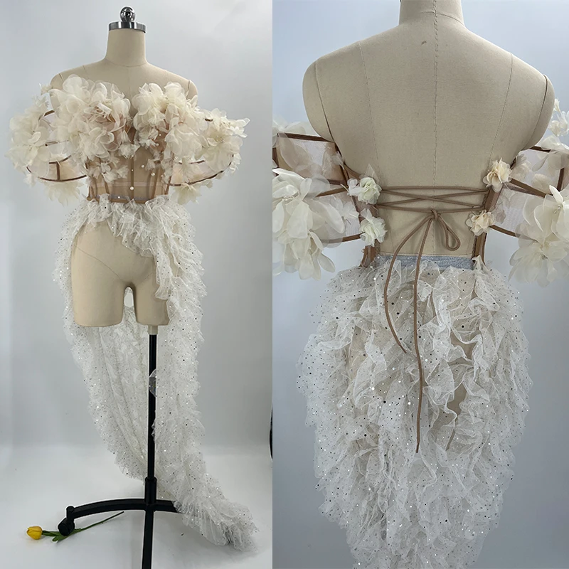 

two-piece dress white flower sexy lace Top and skirt sequins party birthday outfits for women stage wedding drag queen costumes