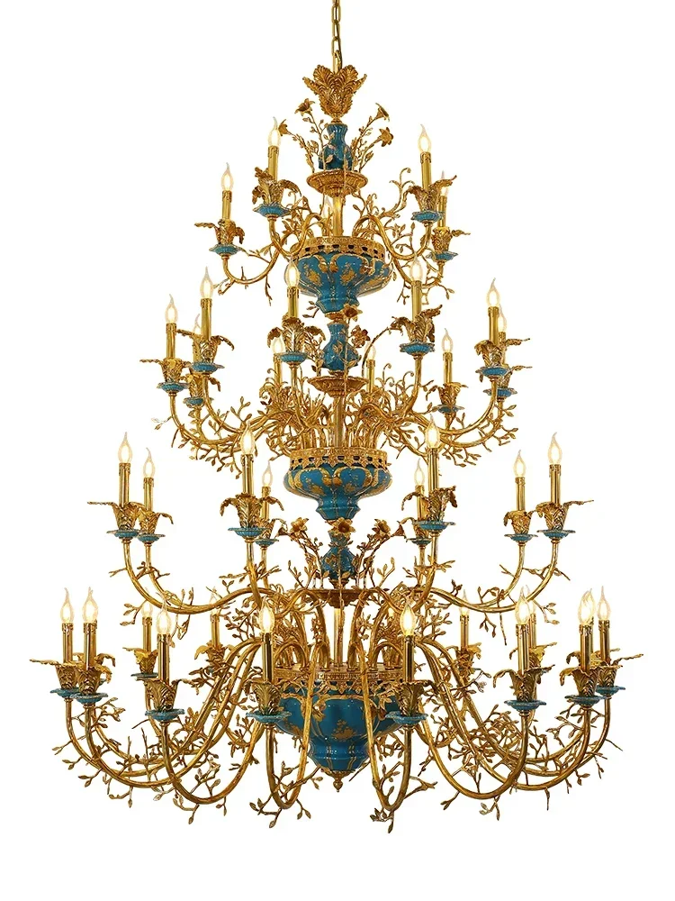 French chandelier ceramic living room European court high-end villa duplex hall all copper luxury