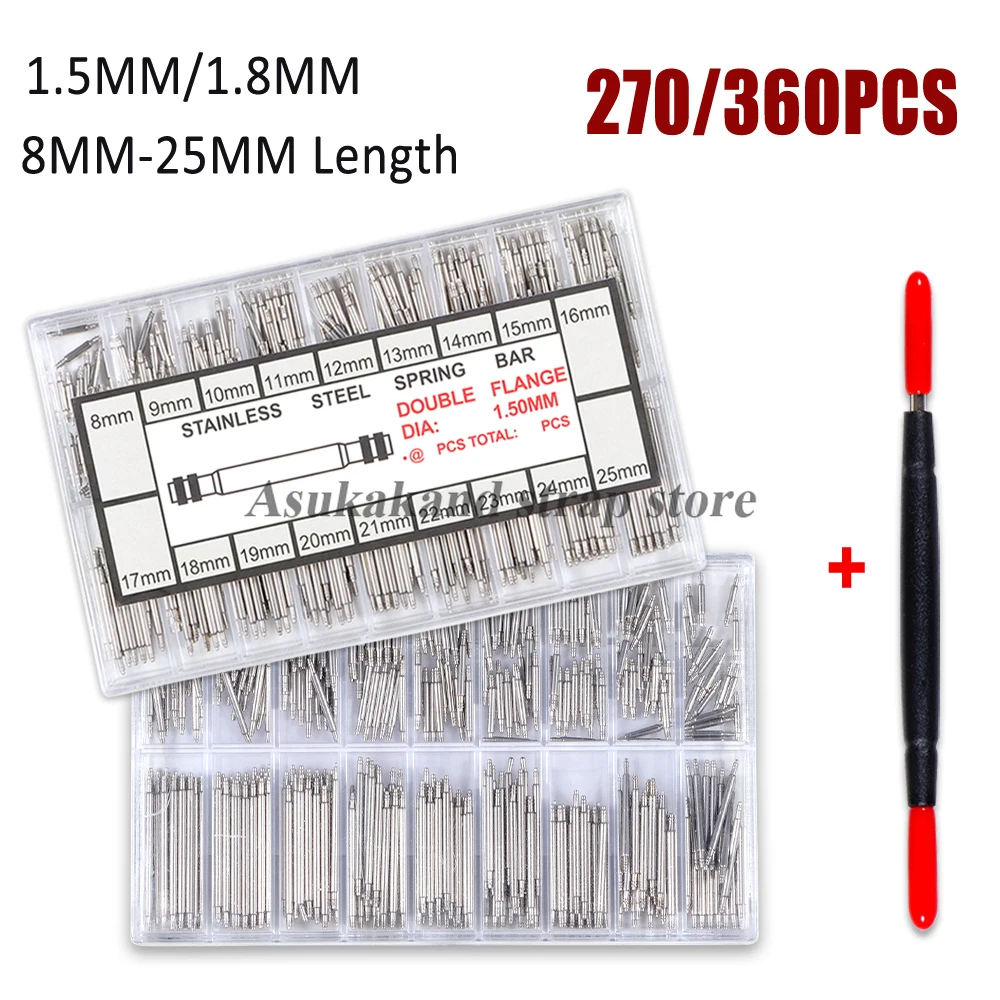 Stainless Steel Spring Bars Watch Repair Kit -270/360Pcs Seamless Spring Bars Wholesale 8-25mm Size Durable Plastic & Metal Case