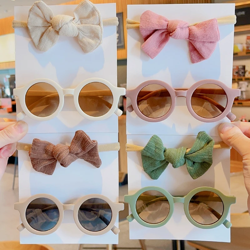 2Pcs/set 2023 Vintage Kids Summer Bows Headband Round Sunglasses Children Sun Glasses Protection Glasses Baby Hair Accessories