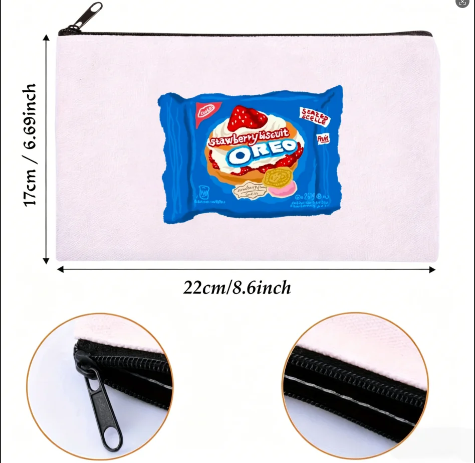 1PC Blue Cookie Snack Package Graphic Print Canvas Cosmetic Bag Portable Zipper Storage Pouch