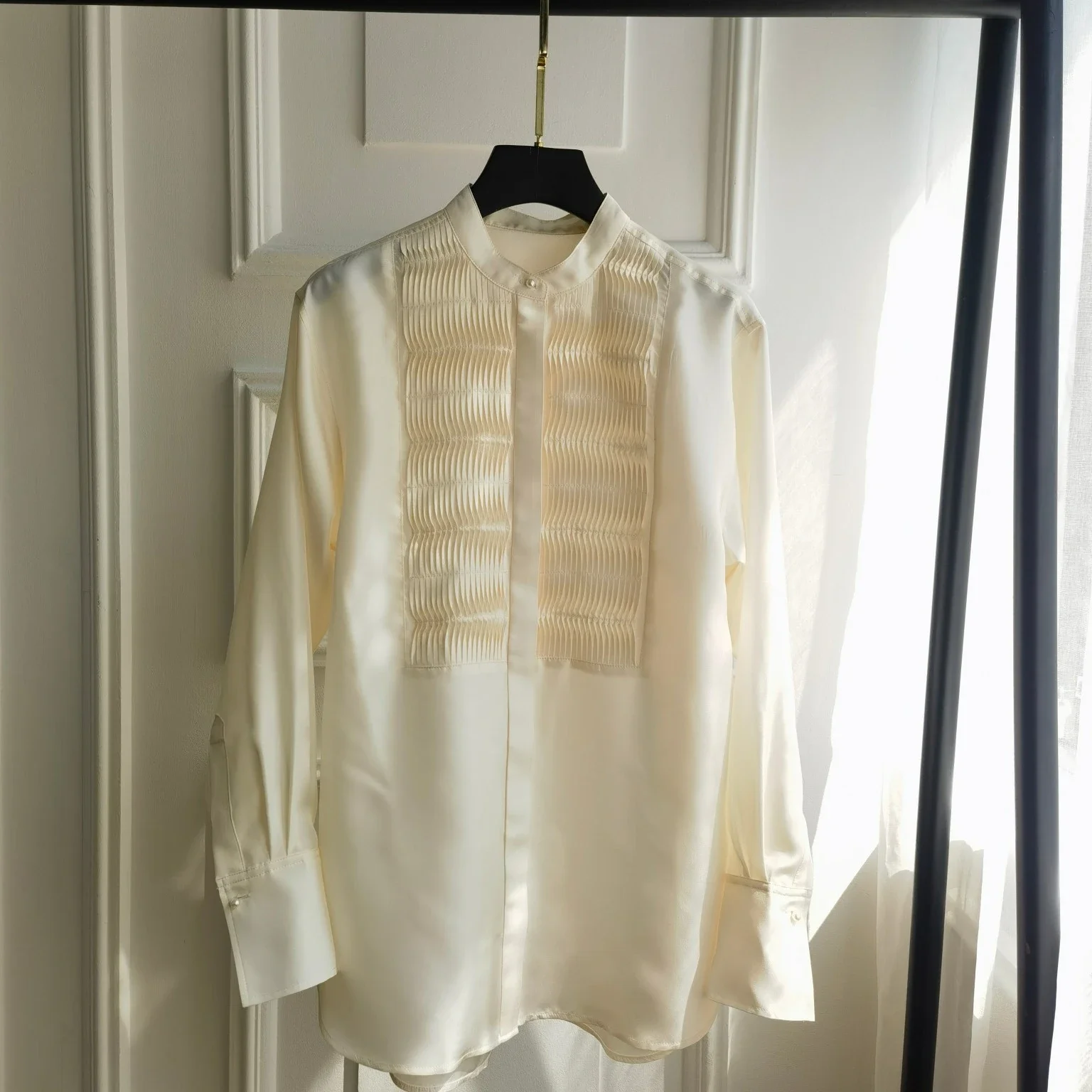 

Top Qulity Beige Long Sleeve Pleat Women Blouse 30mm Silk Habotal 2023 New Summer Autumn Shirt