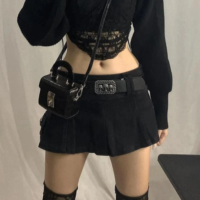 กระโปรงไมโครสีดำแนววินเทจผ้าตัดต่อมีกระเป๋าสไตล์วินเทจฮาราจูกุสไตล์สตรีทแวร์ Y2K กระโปรงสั้นครึ่งตัว