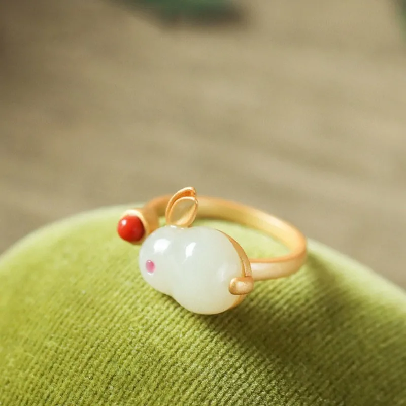 Jade Rabbit Set Imitation Natural Hetian Jade Ring, Ancient Gold Inlaid Chalcedony Rabbit Necklace Cute Rabbit Stud Earr