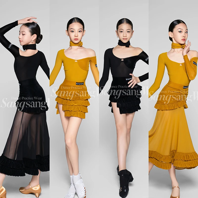 

Одежда для латинских танцев для девочек, платье для соревнований по бальным танцам, бархатные топы с длинными рукавами, юбка с рюшами, костюм для выступлений DNV22399