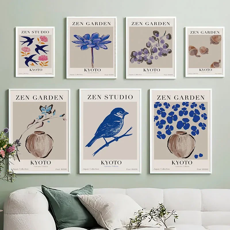 Frameless canvas paintings,Abstract Kyoto Zen Studio Wall Art Canvas Painting Bird Flower Leaves Gallery Posters Prints Wall Pic