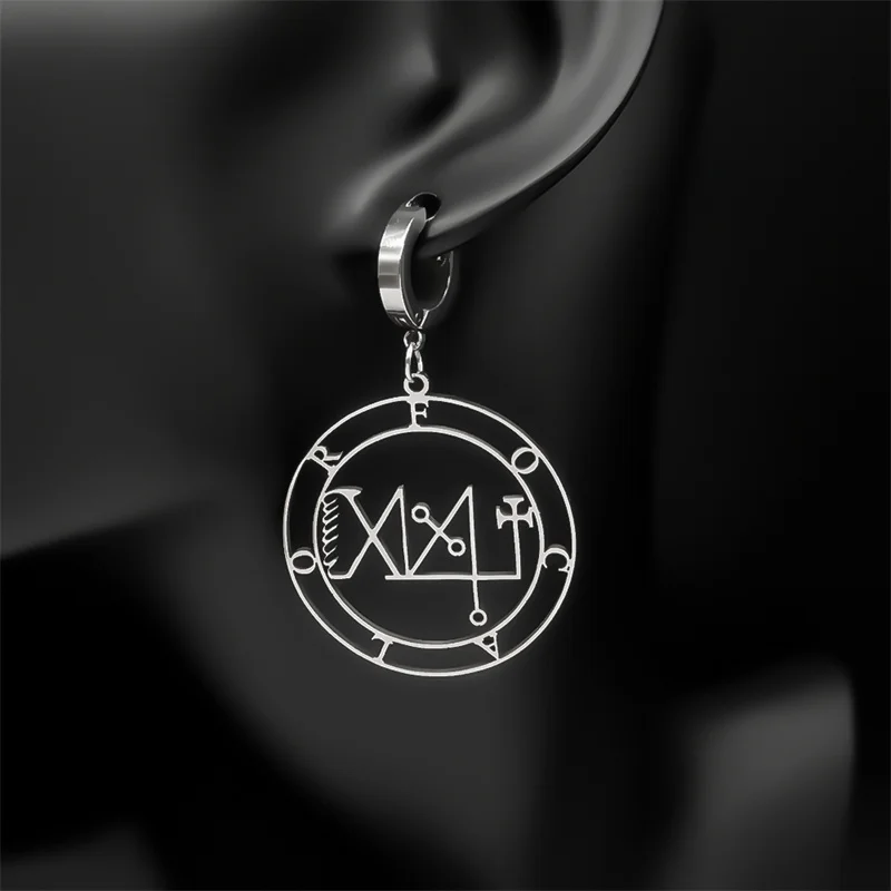 Stainless Steel Sigeal Sigil De Lucifer Satan Hoop Earrings FOCALOR Lazer Key Baphomet Stamp Drop Earring Jewelry Party Gift