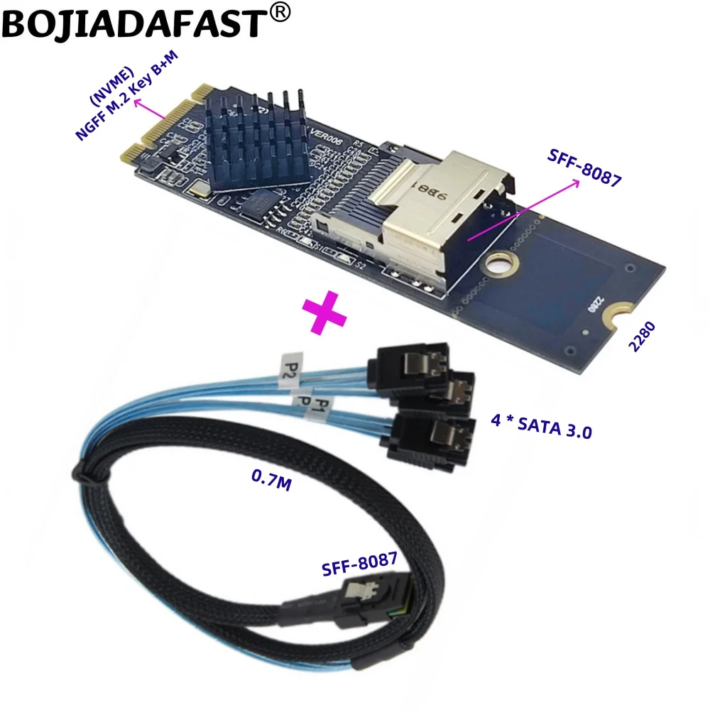 NGFF M.2 NVME Key B+M To Mini SAS SFF-8087 Adapter Expansion Riser Card With 4 SATA 3.0 Data Cable 70CM for HDD Hard Disk Drive