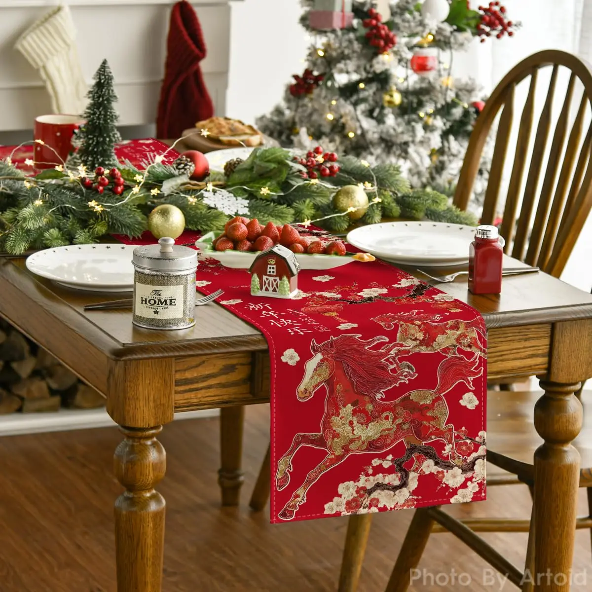 Plum Blossom Chinese Zodiac Horse Table Runner | 2026 Happy Lunar New Year | Spring Festival Winter Kitchen Home Party Decor