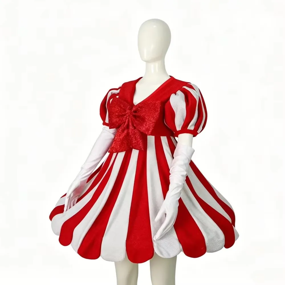 Women Red White Striped Clown Costume+Long Gloves Christmas Carnival Halloween Festival Singer Performance Fancy Party Dress