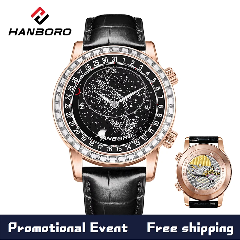 HANBORO Sternenhimmel-Serie Herren Vollautomatische Mechanische Uhr Modische Wasserdichte Uhr mit Nachtlicht
