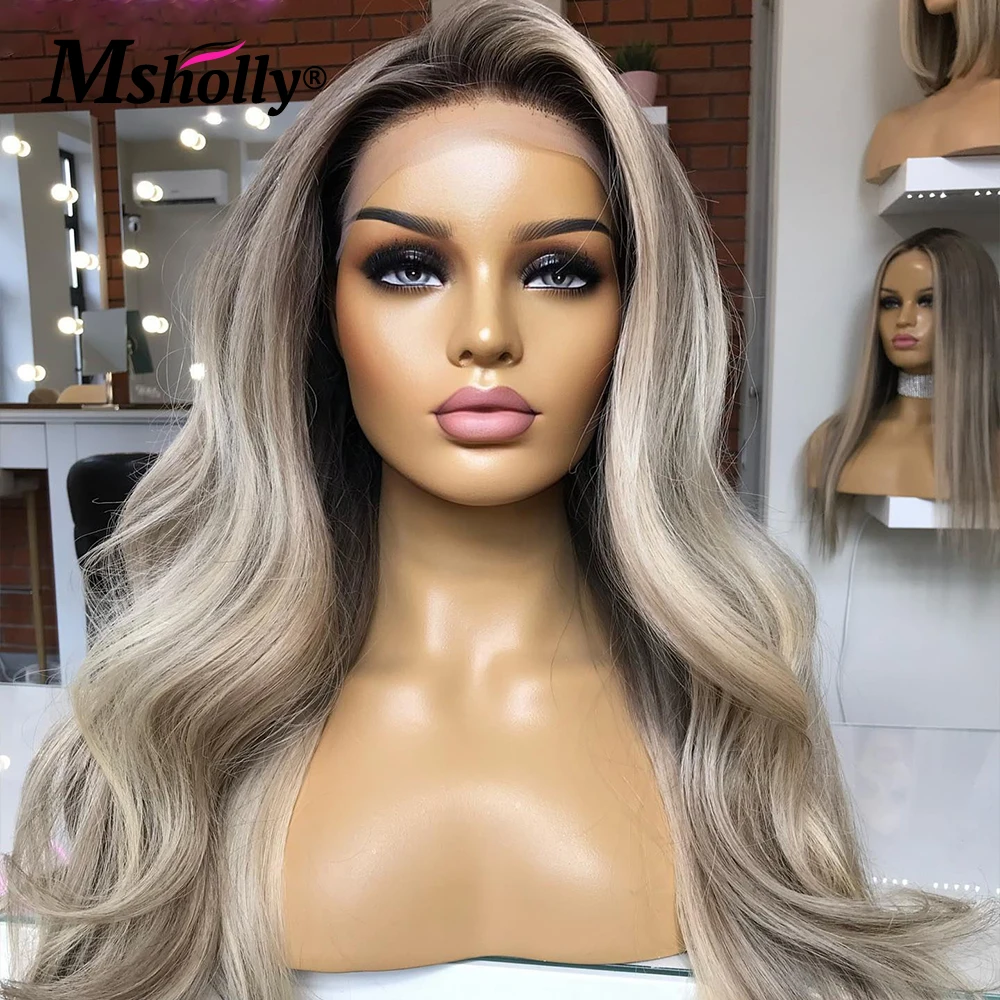 

Highlight Ash Blonde 13X4 Lace Front Ombre Wig Body Wave Human Hair Wig For Women 180% Density Prepluck Dark Root Remy Hair Wigs