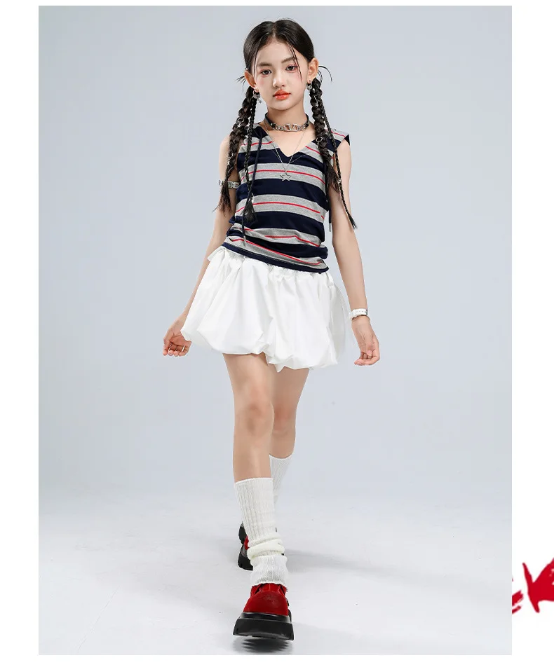 Jazz Dance Hooded Top Korean Style Hip Hop Street Stage Performance Vest Modern Trendy Striped Girls Sparkle Competition Outfit