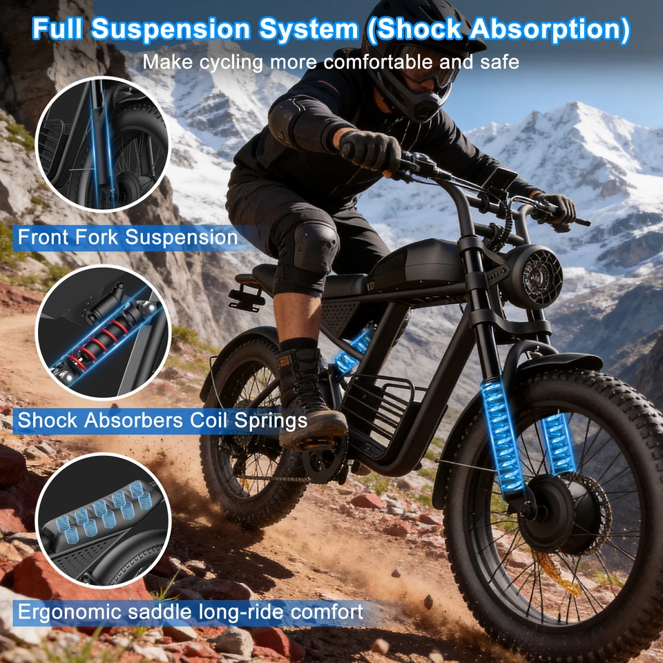 FLIWIN 3000W Dual Motors Electric Bike, 48V 35Ah Battery, 20" Fat Tire Ebike, 7-Speed with Dual Suspension, UL 2849, US Warehouse, 1 Year Warranty image 4