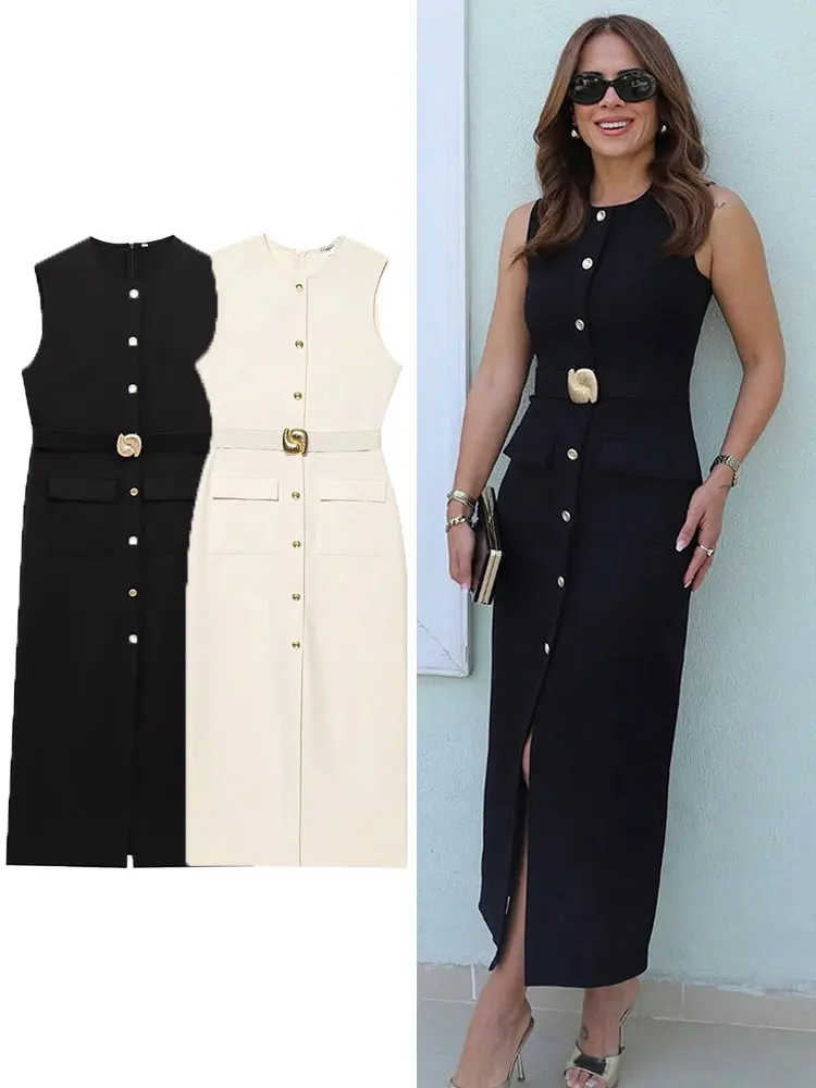 HH Women Casual Solid Belt Midi Dress O Neck Single Breasted Sleeveless Dresses Front Slit Slim Lady Elegant Evening Dress