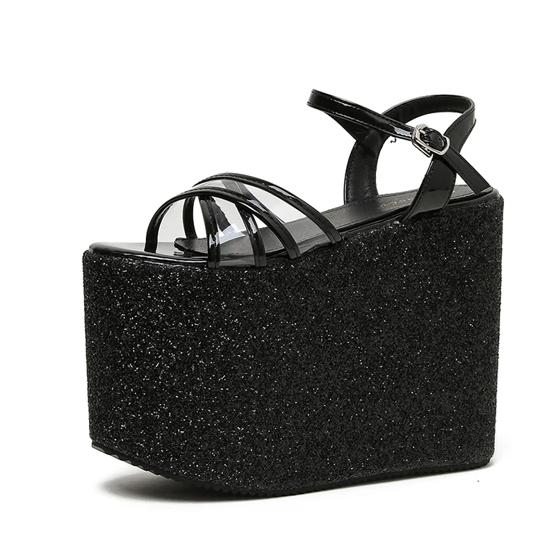 Platform Wedges 16CM Super High Heels Bling Sequins Gold Silver Lolita Women\'s Sandals Size 35-42 Party Shoes Open Toe Hollow