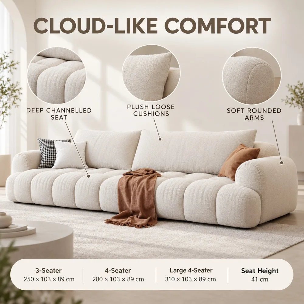 French Cream‑Style Marshmallow Cloud Sofa, Scratch‑Resistant Cat‑Proof Fabric Puffy Fabric Couch for Modern Living Room