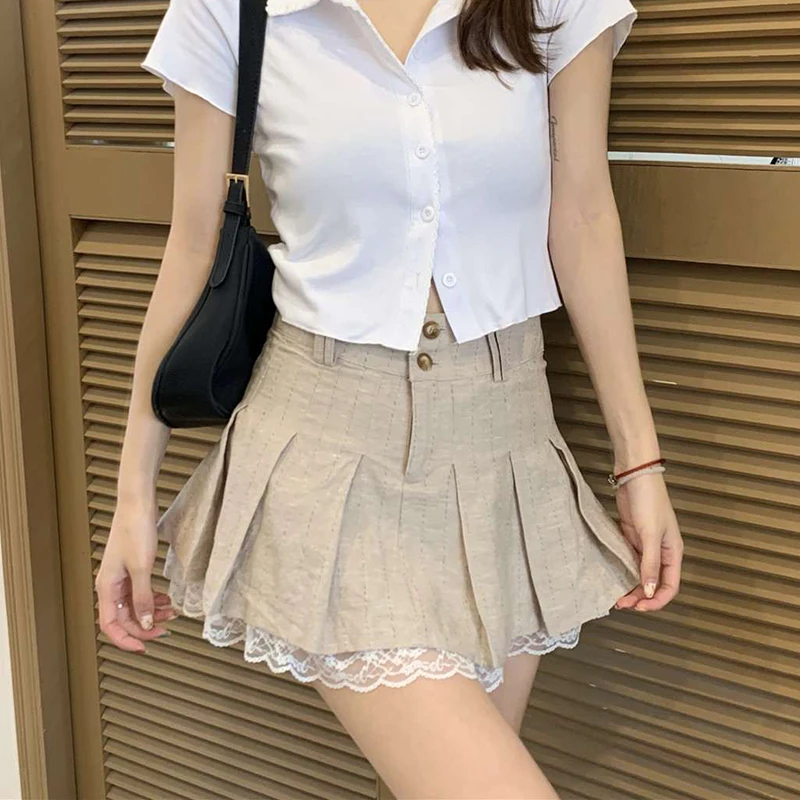 Lucyever Summer Lace Trim Pleated Skirts Women Preppy Style Khaki High Waist Skirt Girl Teens Harajuku School Uniform Mini Skirt