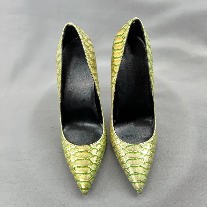 Tikicup تأثير التمساح الأخضر المرأة مدبب تو أحذية عالية الكعب أسود داخل مثير الانزلاق على مضخات خنجر للحزب ، مكتب سيدة