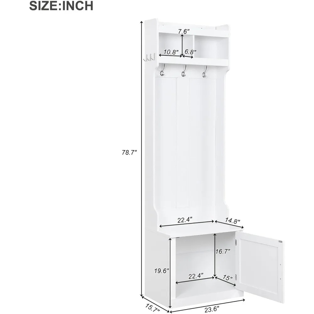 شجرة القاعة مع 6 خطافات، رف معطف ورف تخزين، مقعد مدخل مع خزانة، حل تخزين واسع للمدخل