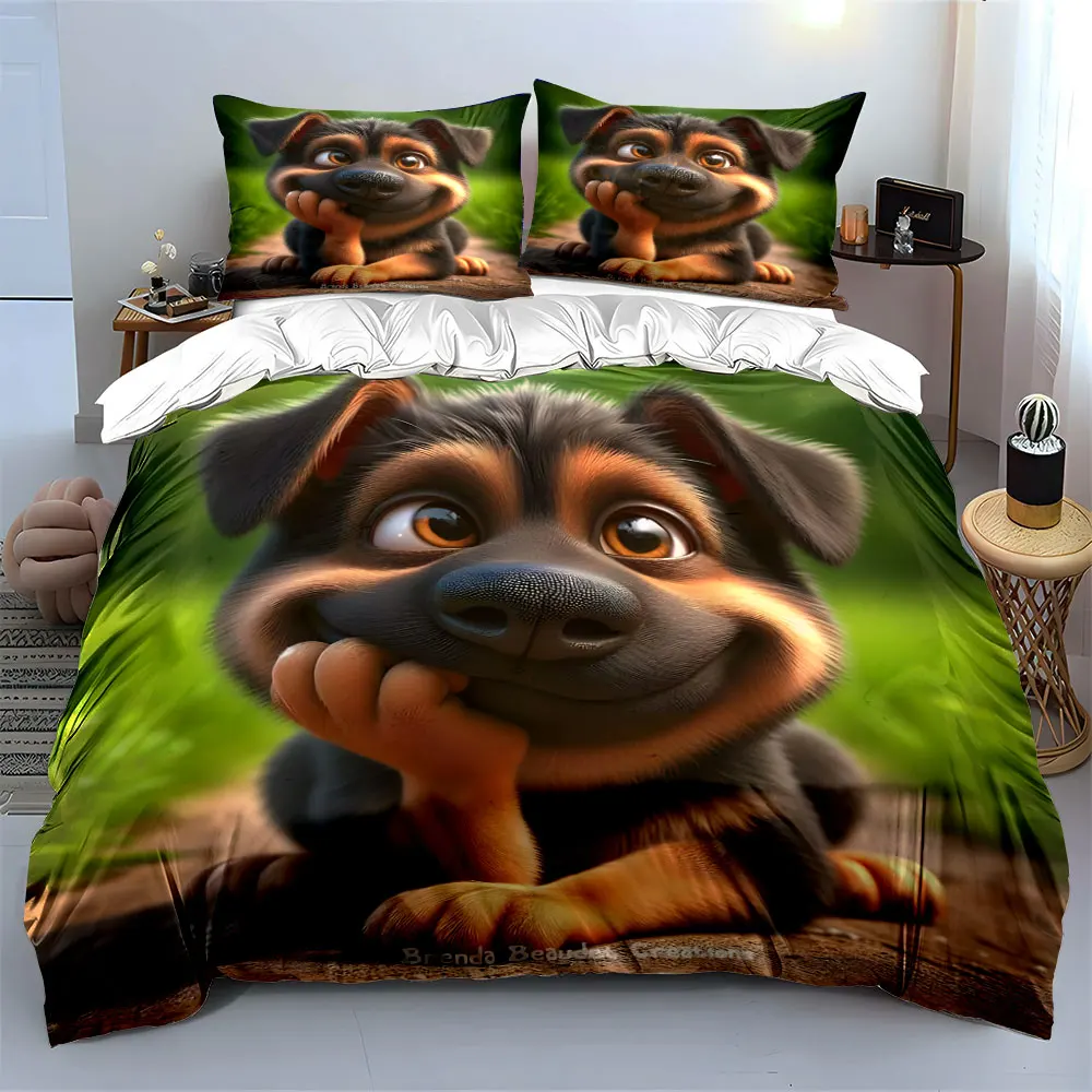 Adorable smiling puppy lying on grass Print Bedding Set 1Duvet Cover 2 Pillowcases for Adult and Children Luxury Gift Full Size