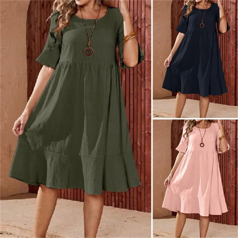 Women's Big Swing Medium Long Dress Solid Color Loose Casual Wrinkle Round Neck Horn Short Sleeve Cotton Hemp Dress Loose Type