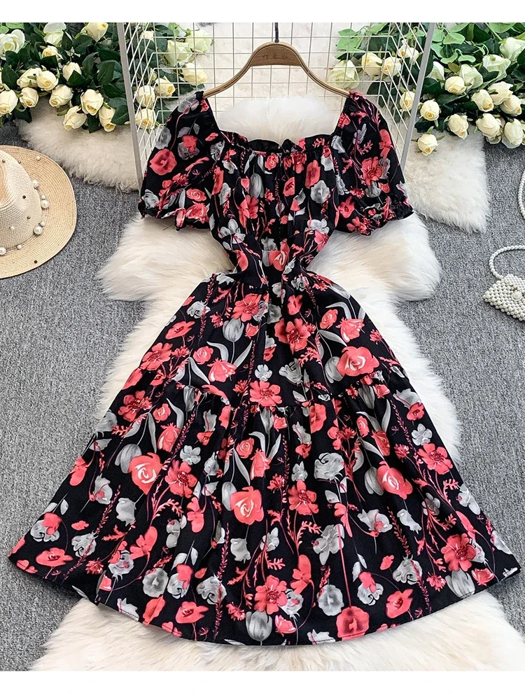 Minivestido Floral con cuello cuadrado para mujer, vestido plisado de manga corta con presión de viento para vacaciones, dulce vestido de princesa ceñido A516