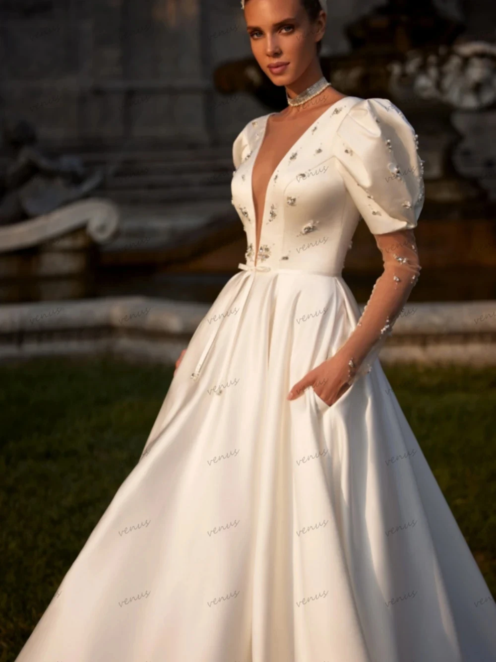 Vestidos De Novia De satén con cuentas De lujo, De línea a Vestidos De Novia, batas De princesa, mangas abullonadas, vestido Vintage para novias