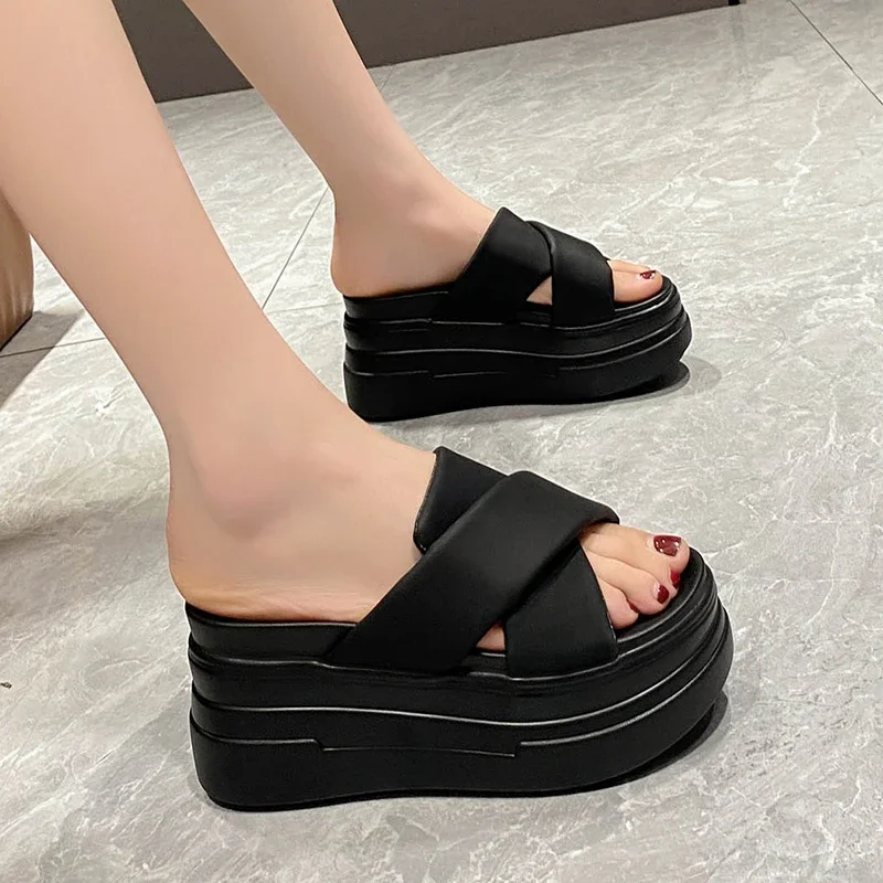 High Platform Slippers for Women Open Toe Leather Wedges Chunky Sandals New 2025 Summer Thick Bottom Female Beach Flip Flops 9CM