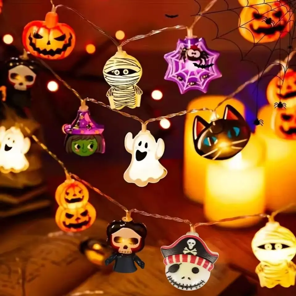 1 Buah Lampu Tali LED 8 Elemen Halloween Pencahayaan Suasana Horor Bertenaga Baterai dengan Kerangka Laba-laba Labu Kucing Penyihir Hantu