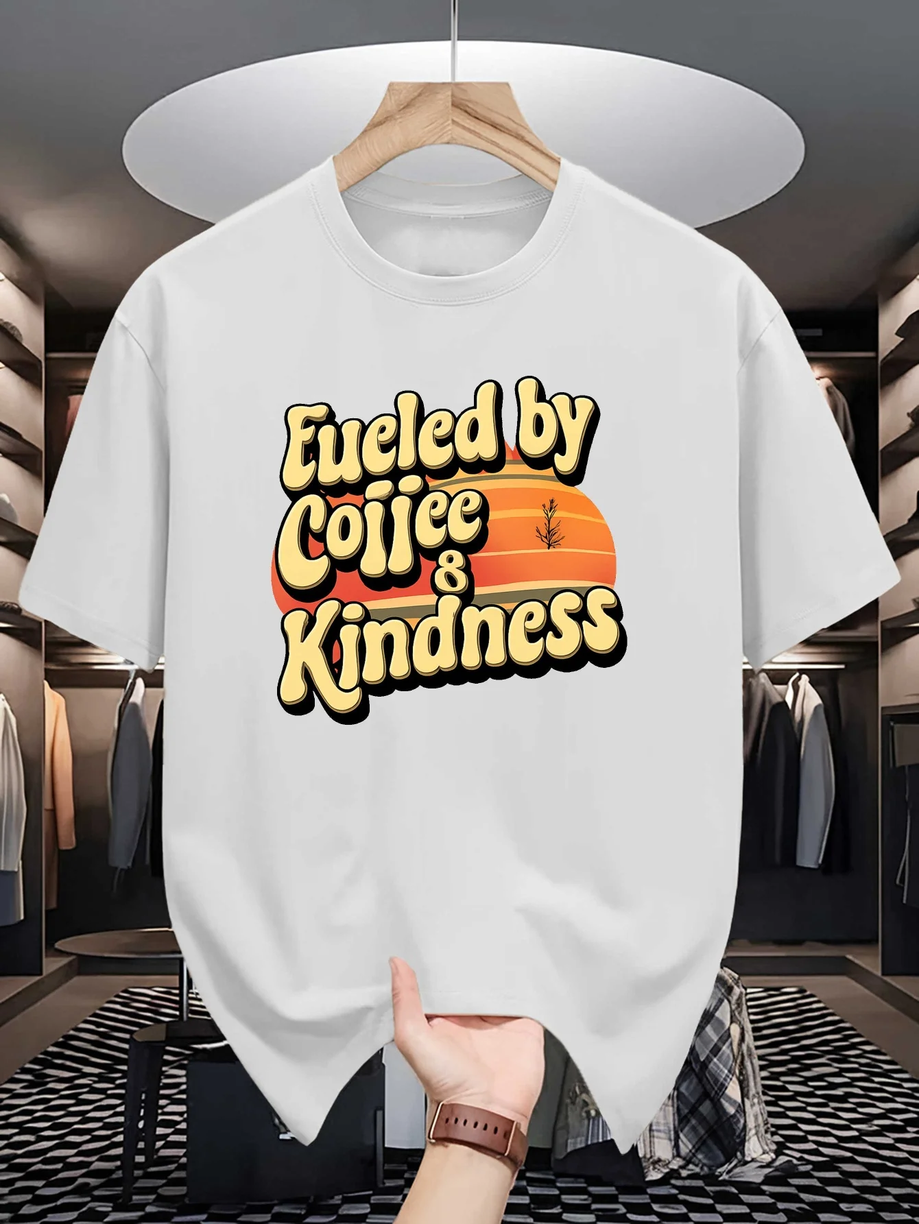 Retro Sunset Bubble Font Graphic Mens Crew Neck T Shirt Fueled By Coffee And Kindness Print Short Sleeve Casual Cotton Daily Top