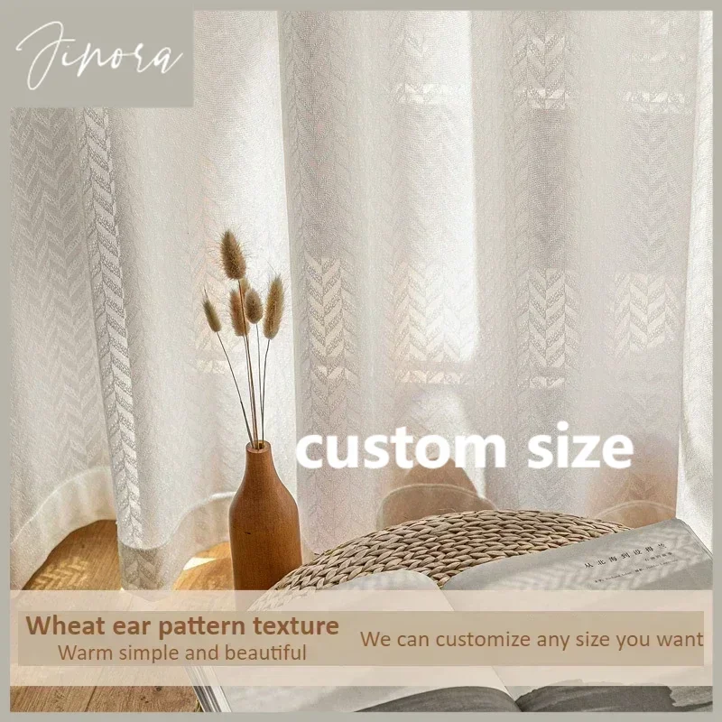 Japanese Style Wheat Ear Pattern Tulle Curtains For Living Room Bedroom Dining Study Hall Simple Decor Warm Colors Custom Size