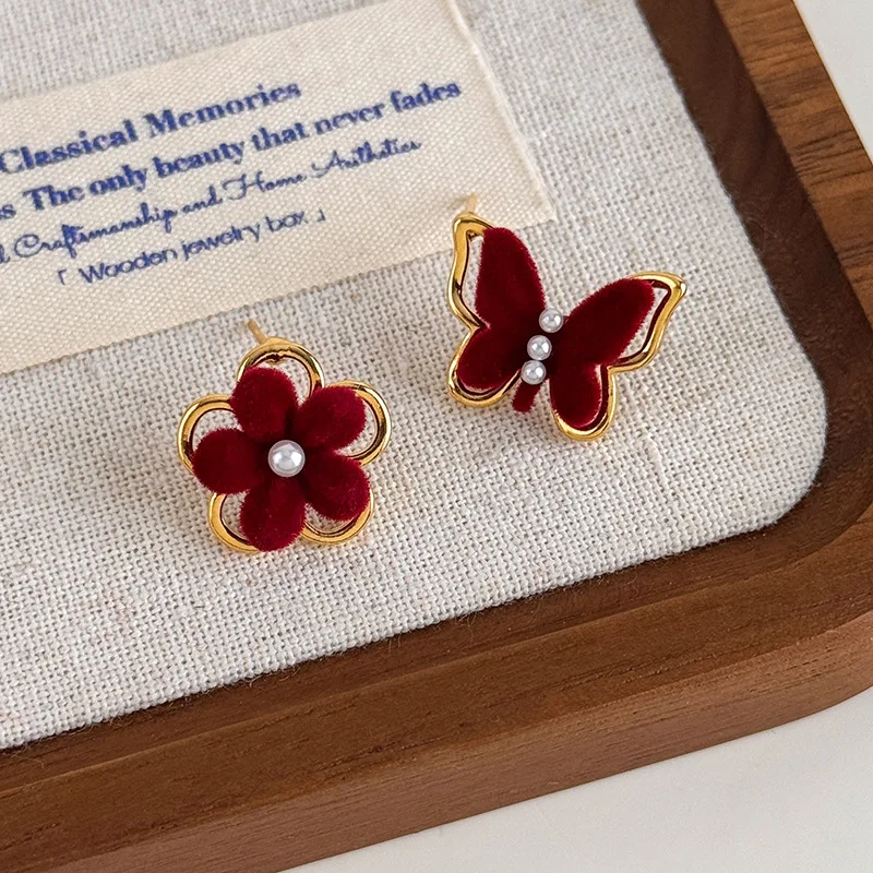 Asymmetric Red Butterfly Flower Stud Earrings for Women High Quality Metal Cute Elegant New Year Spring Fashion Gift