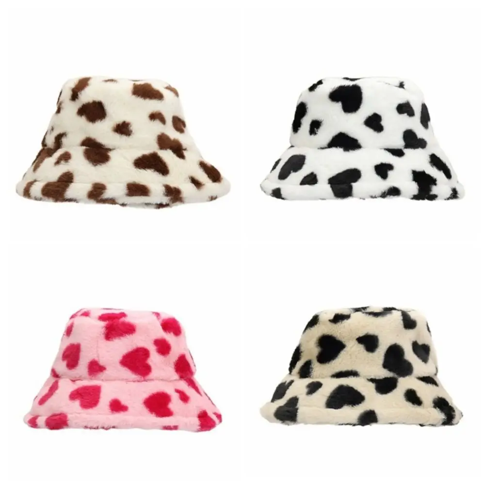 Sweet Faux Fur Fisherman Hat Thicken Fluffy Love Heart Bucket Hat Warm Korean Style Winter Hat Ladies