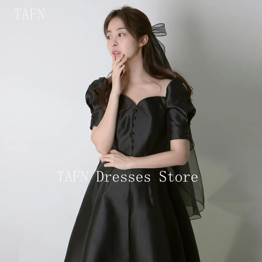 

TAFN Black Satin Wedding Dresses Sweetheart Collar Short Sleeves A-line Draped Bridal Gown Photo Shoot Dresses Customized