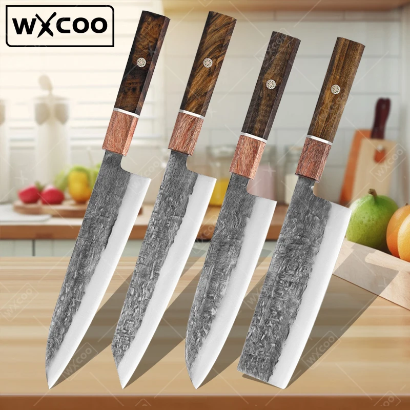 

WXCOO Stainless Steel Kitchen Knives Set Japanese Chef's Forged Santoku Knife Fish Fillet Cutter with Wooden Knives for Cutting