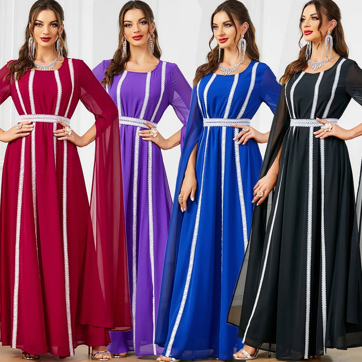 

Fashion Elegant Solid Color Chiffon Party Long Dresses Moroccan Kaftan Islam Clothing Turkish African Abayas Super Sleeve Dress