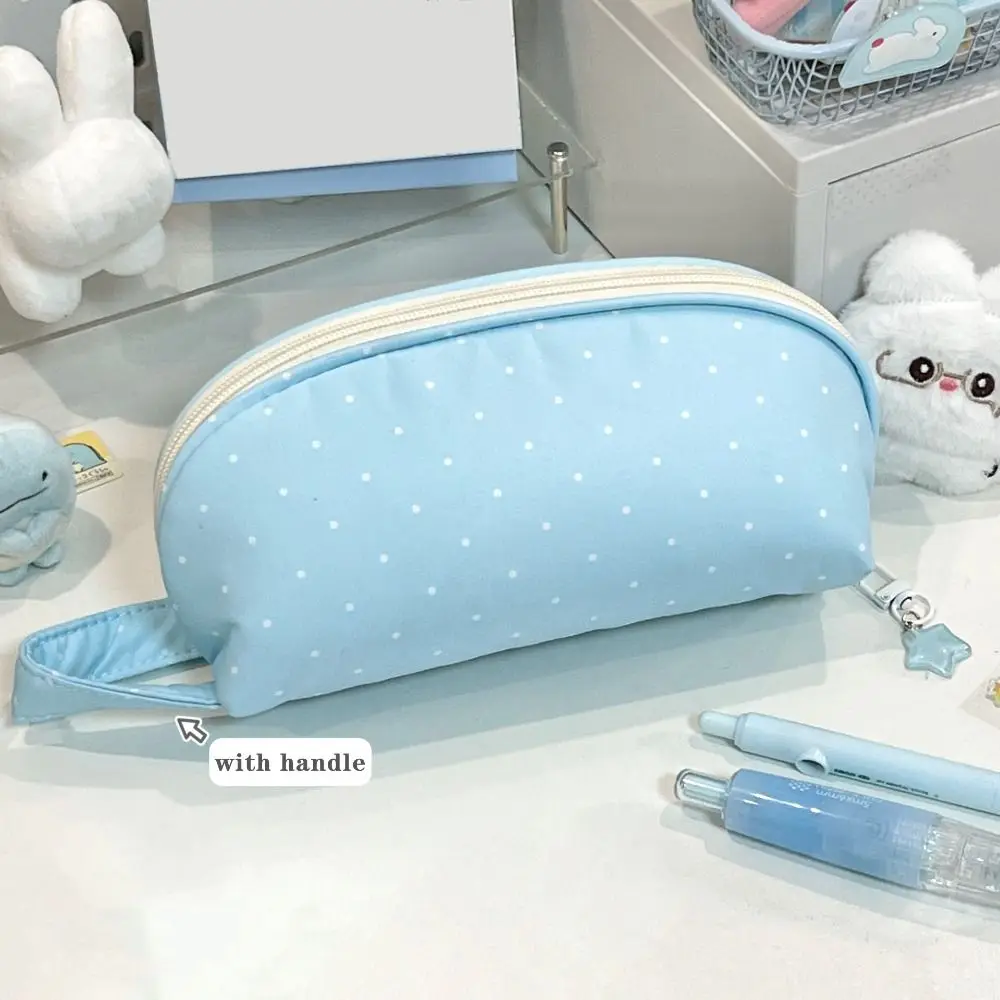 Cute Blue Pencil Case Polka Dot Pattern Shell Shape Pencil Pouch Large Capacity with Handle Pen Bag School Office