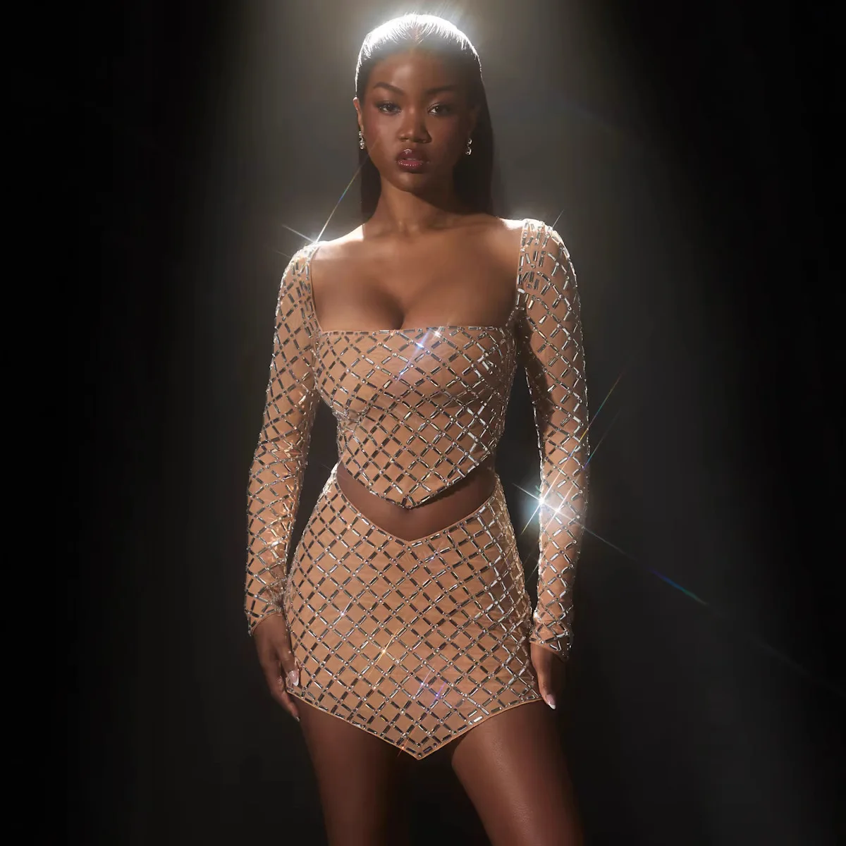 Sexy funkelnder Diamant-Ter-Rock, heißer Sommer, 2-teiliges Set, hohe Taille, A-Linie, Dr. Polyesterstoff, lang, Sve Basic Sle