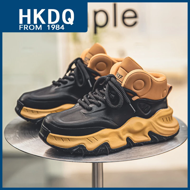 

HKDQ Streetwear Platform Men's Leather Sneakers Fashion Casual High Top Sports Shoes For Men Outdoor Non-slip Man Chunky Shoes