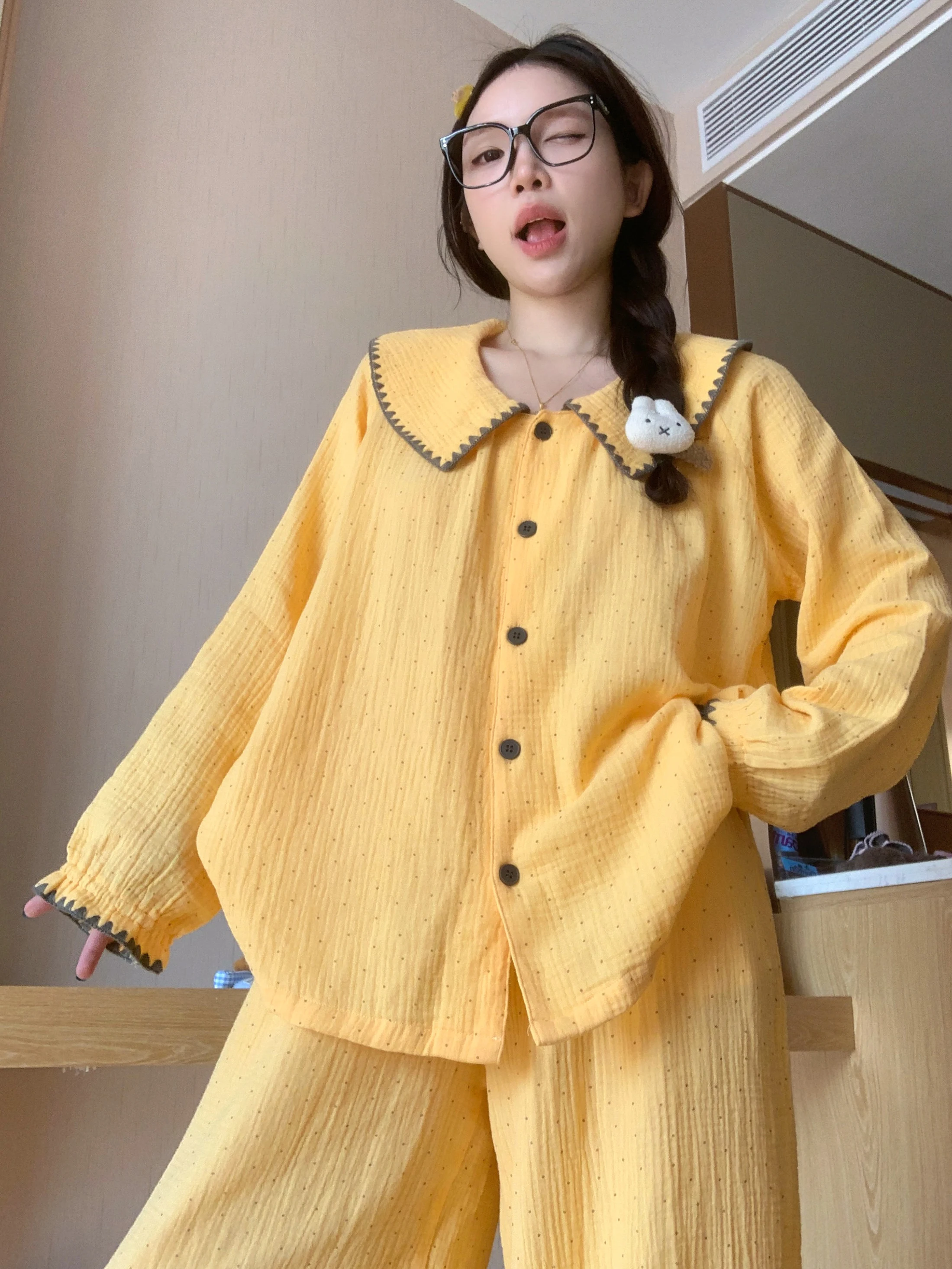 

Spring Color Block Long Sleeve Cotton Nightgown Women's Home Clothes Soft Cotton Sleepwear Comfortable Casual Home Suit