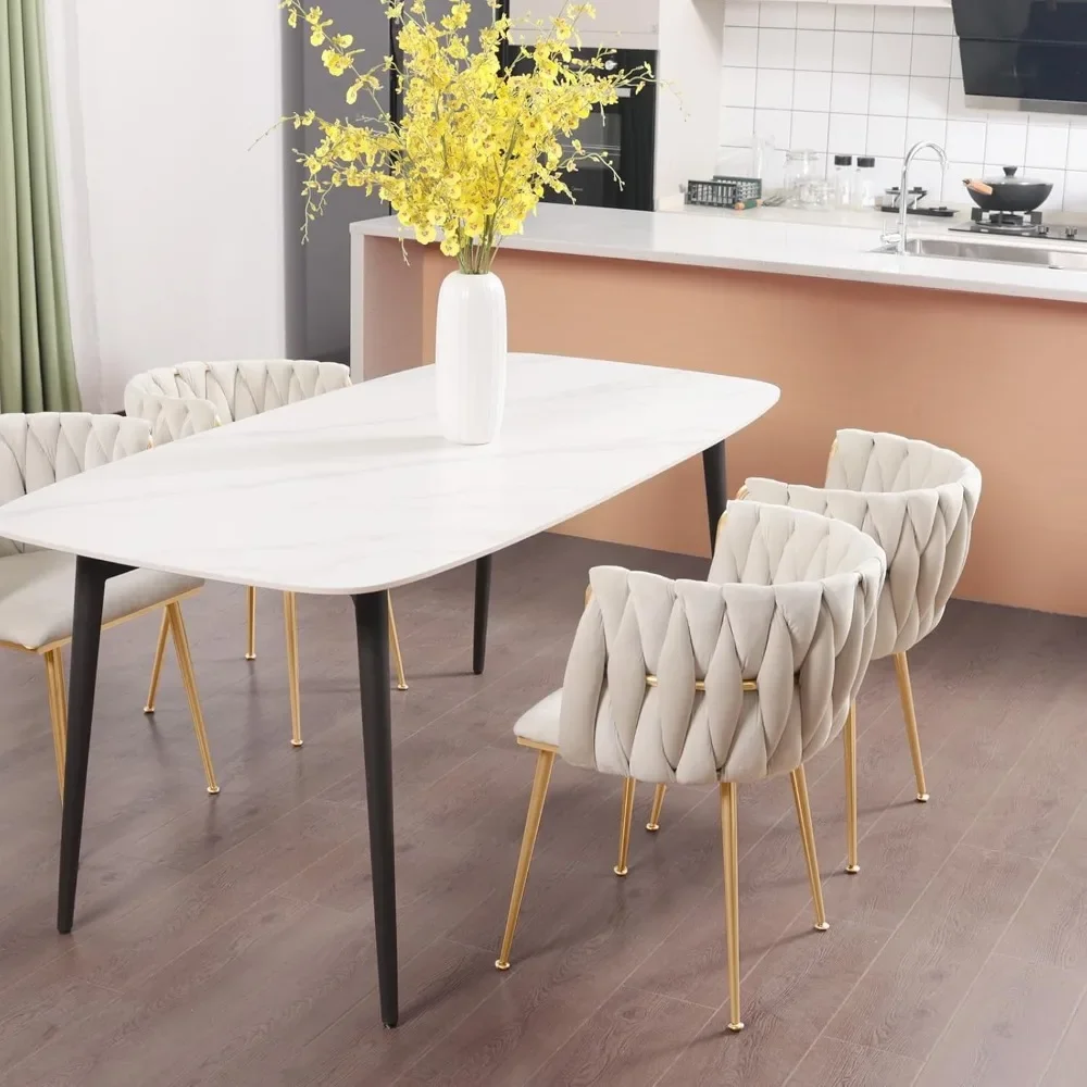 Juego de 4 sillas de comedor de terciopelo, silla decorativa con patas de metal dorado, silla de comedor tapizada tejida para sala de estar/dormitorio/cocina