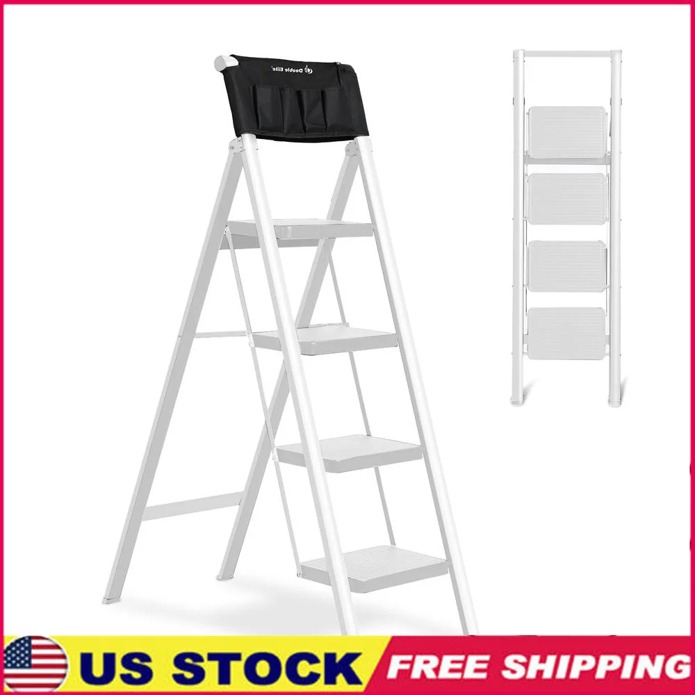 Convenient 4 Step Folding Step Ladder with Tool Bag 330 Lbs Load Safer Triangular Frames Stable & Sturdy White Step Stool Adults